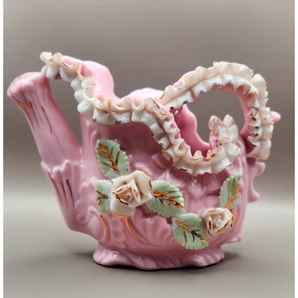 RARE - Pink China Water Pitcher - 3D Design - Floral, Leaves, Lace Stamped on Bo - Picture 1 of 7
